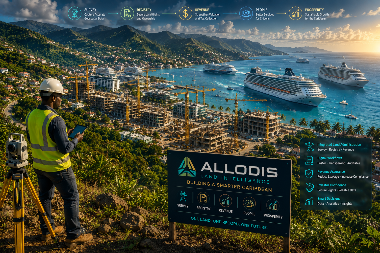 Caribbean land development scene showing survey, construction, hotels and cruise ships